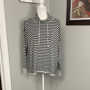 Eileen Fisher Black Gray White Striped Cowl neck drawstring pullover popover